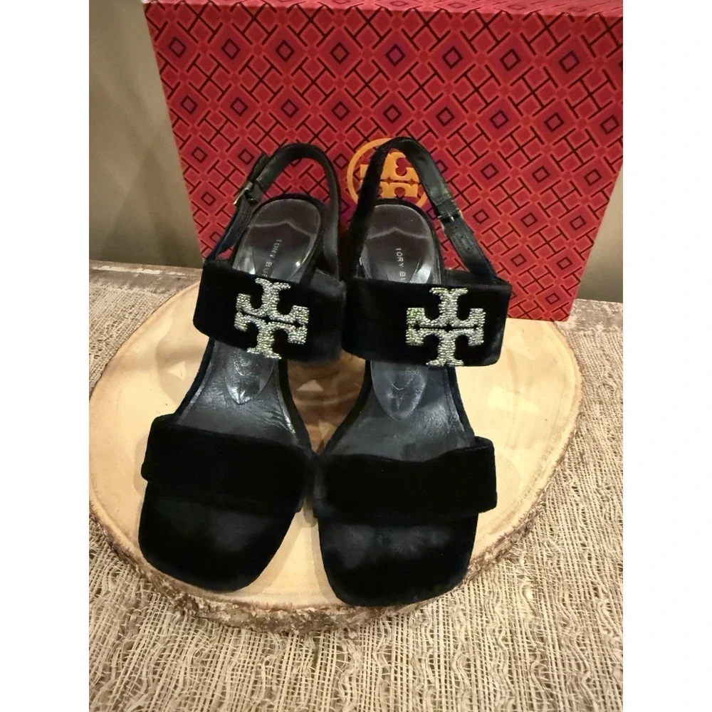 Tory Burch Eleanor Pave Heel Sandal in Black Velvet‎ Leather Rt-428$ Sz-9.5